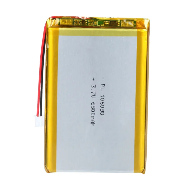 THOR 106090 3.7V 6500mAh lithium polymer battery with PCM protection, red and black lead wires, and 2-pin connector