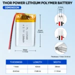 THOR 112840 3.7V 1300mAh LiPo battery dimension drawing showing T×W×L = 11 × 28 × 42 mm (with PCM) and 2-pin connector polarity