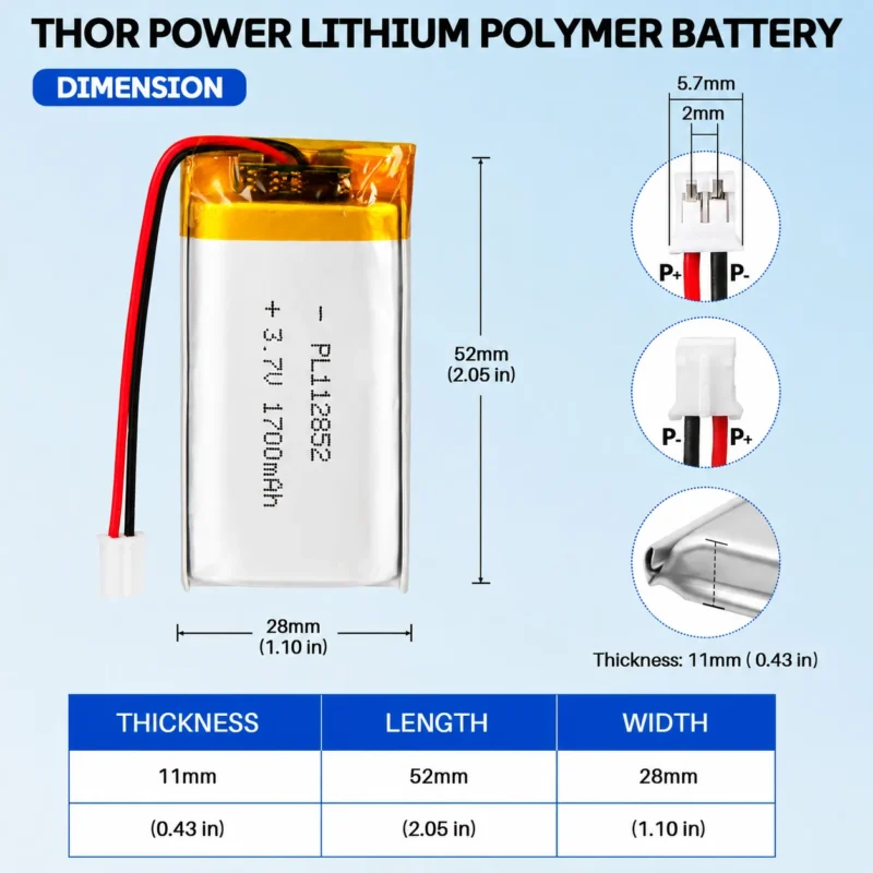 THOR 112852 3.7V 1700mAh LiPo battery dimension drawing showing T×W×L = 11 × 28 × 54 mm (with PCM) and 2-pin connector polarity