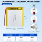 THOR 115659 3.7V 5000mAh LiPo battery dimension drawing showing T×W×L = 11 × 56 × 61 mm (with PCM) and 2-pin connector polarity