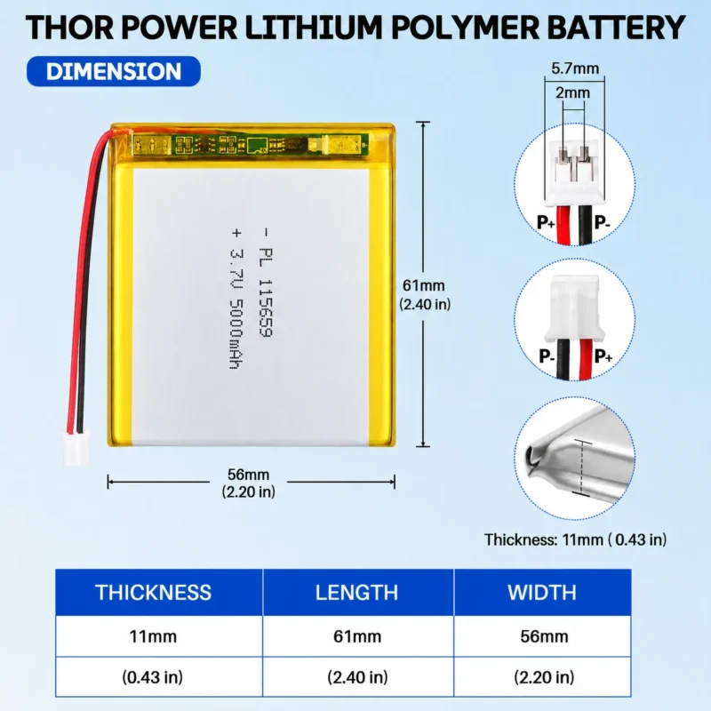 THOR 115659 3.7V 5000mAh LiPo battery dimension drawing showing T×W×L = 11 × 56 × 61 mm (with PCM) and 2-pin connector polarity