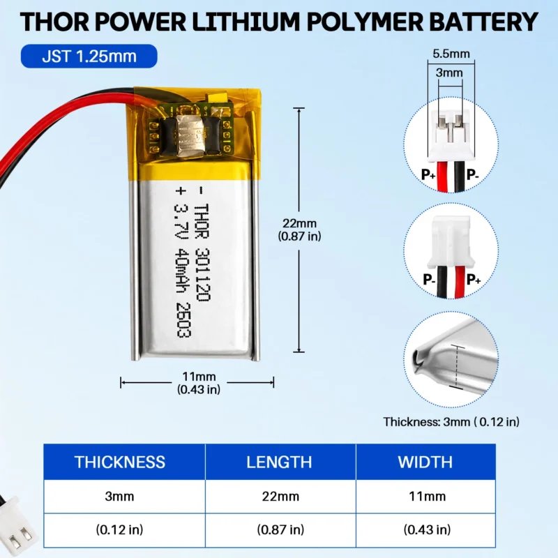 THOR 301120 3.7V 40mAh LiPo battery dimension drawing showing T×W×L = 3 × 11 × 22 mm (with PCM) and 2-pin connector polarity