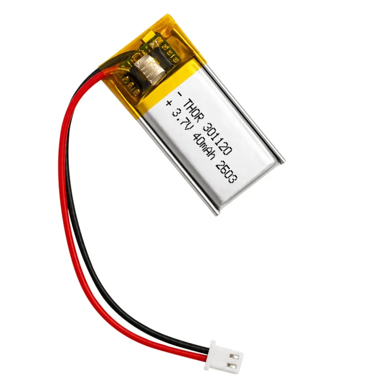 THOR 301120 3.7V 40mAh lithium polymer battery with PCM protection, red and black lead wires, and 2-pin connector