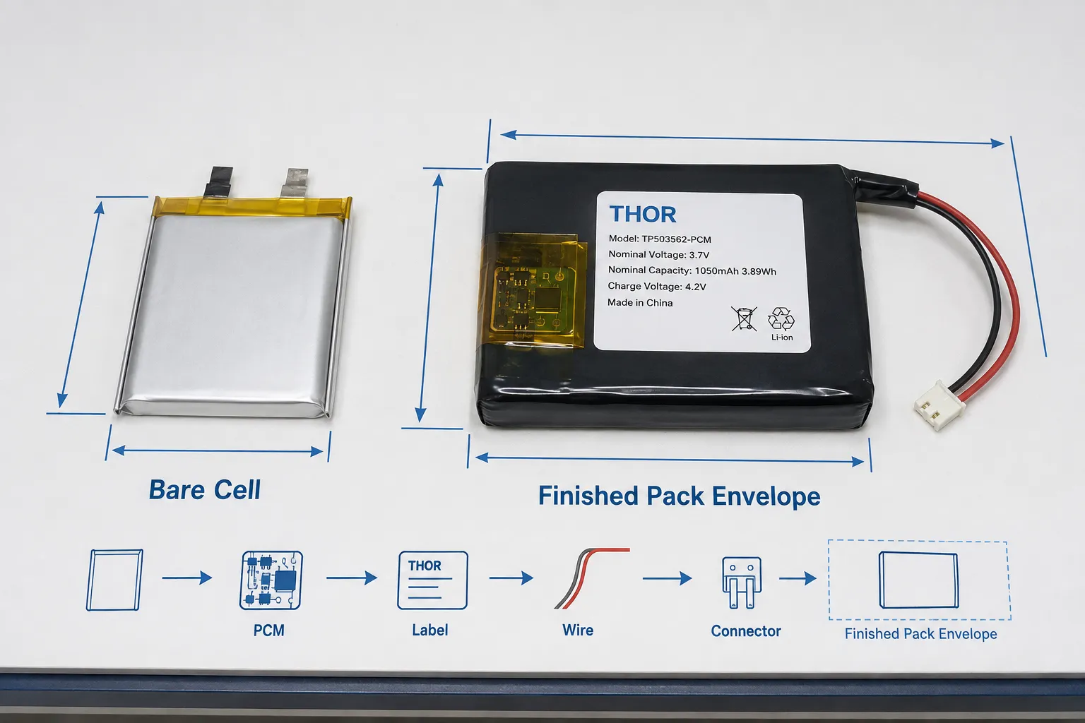 Bare LiPo cell dimensions compared with finished battery pack size including PCM wires and connector