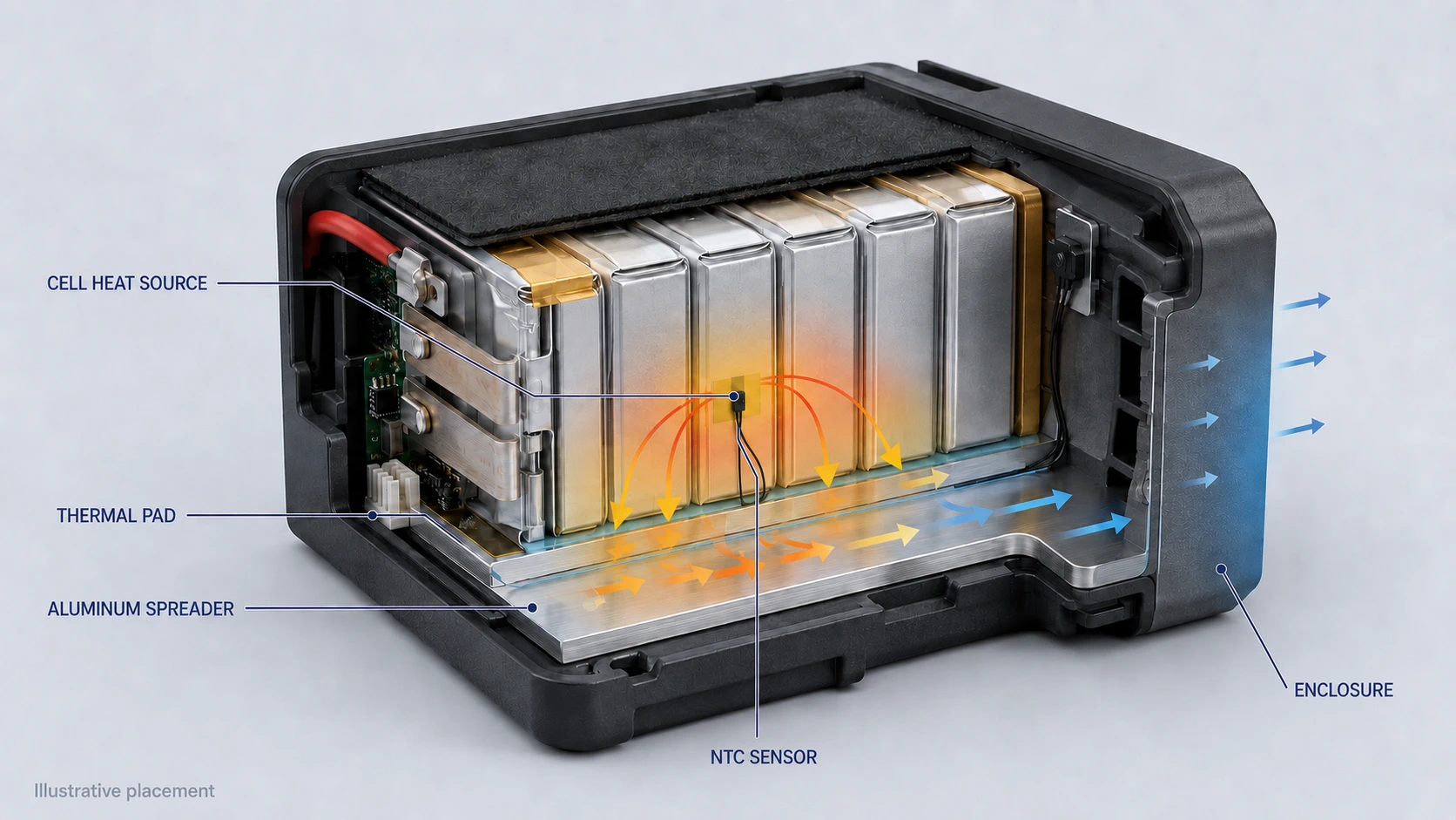 Lithium battery pack heat path with thermal interfaces spreader and NTC sensor locations