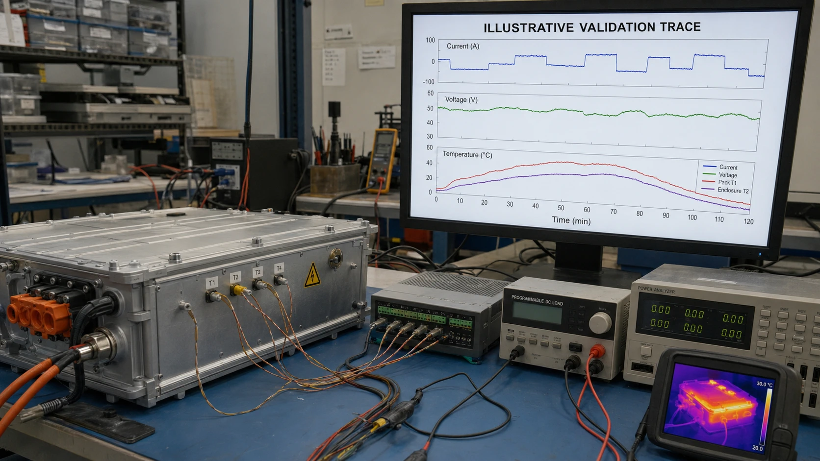 Battery pack thermal validation trace with synchronized current voltage and temperature data