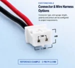 Customizable LiPo battery connector and wire harness options, with PH 2.0 mm shown for reference