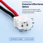 Customizable LiPo battery connector and wire harness options, with PH 2.0 mm shown for reference
