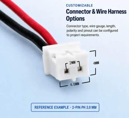 Customizable LiPo battery connector and wire harness options, with PH 2.0 mm shown for reference
