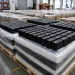 LiFePO4 prismatic energy storage battery cells prepared for shipment in the THOR Power factory warehouse
