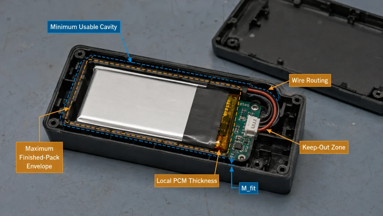 LiPo battery cavity stack-up showing maximum finished pack dimensions and installation clearance