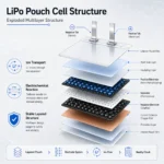 Exploded multilayer structure of a LiPo pouch cell showing tabs, pouch film, electrodes, separator, current collectors and insulating layers