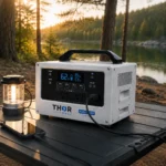 THOR 1024Wh LiFePO4 portable power station powering a camping lantern at a lakeside campsite