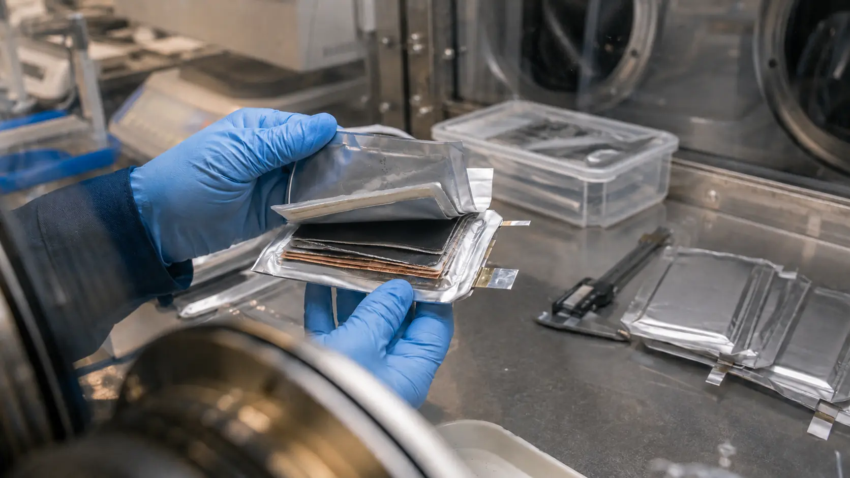 Semi-solid LiPo pouch battery internal layered structure during laboratory inspection