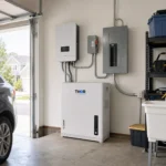 THOR 10.24kWh home energy storage battery installed with inverter and electrical panel in an American garage