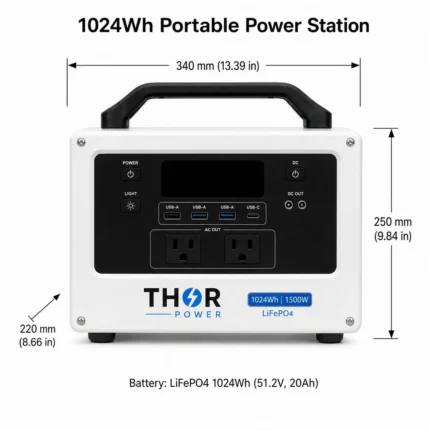 THOR Power 1024Wh 1500W LiFePO4 portable power station dimensions 340 x 220 x 250 mm
