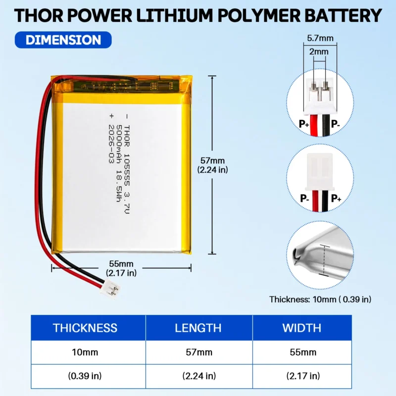 THOR 105555 3.7V 5000mAh LiPo battery dimension drawing showing T×W×L = 10 × 55 × 57 mm (with PCM) and 2-pin connector polarity
