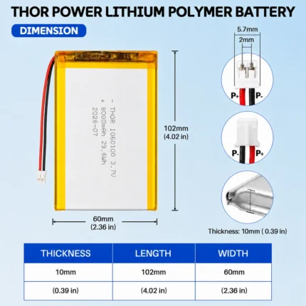 THOR 1060100 3.7V 8000mAh LiPo battery dimension drawing showing T×W×L =10 × 60 × 102 mm (with PCM) and 2-pin connector polarity