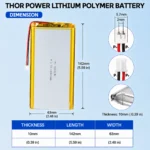 THOR 1063140 3.7V 11000mAh LiPo battery dimension drawing showing T×W×L = 10 × 63 × 142 mm (with PCM) and 2-pin connector polarity