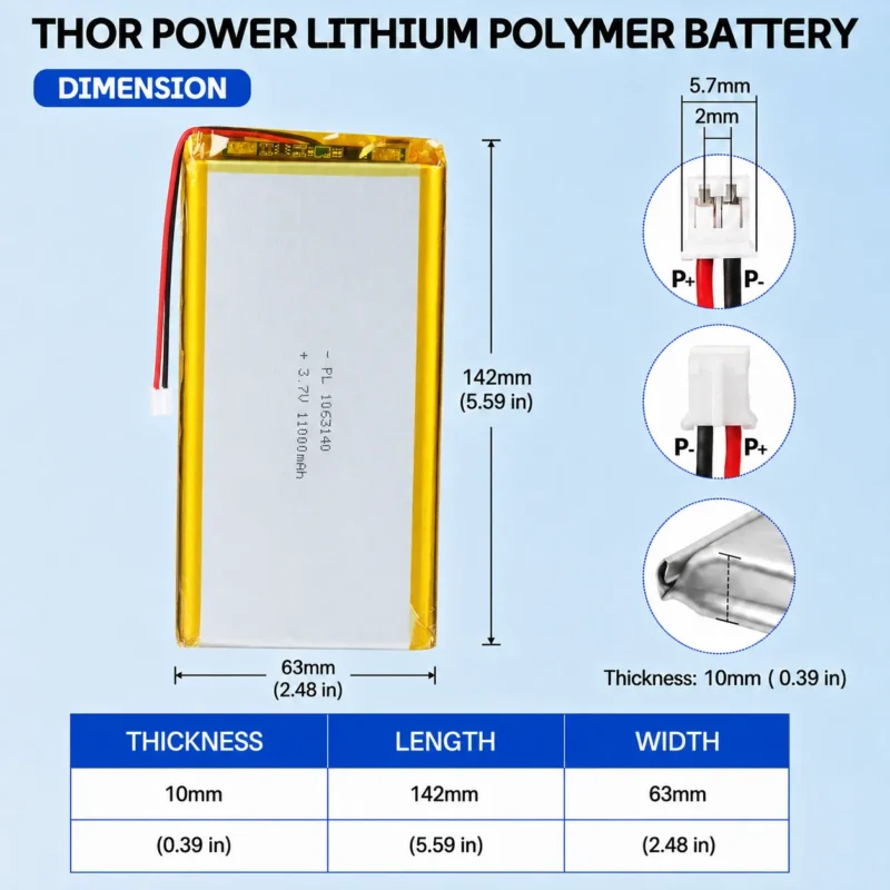 THOR 1063140 3.7V 11000mAh LiPo battery dimension drawing showing T×W×L = 10 × 63 × 142 mm (with PCM) and 2-pin connector polarity