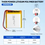 THOR 115252 3.7V 5000mAh LiPo battery dimension drawing showing T×W×L = 11 × 52 × 54 mm (with PCM) and 2-pin connector polarity