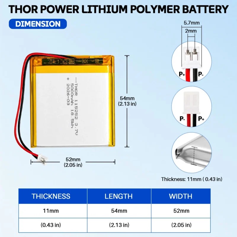 THOR 115252 3.7V 5000mAh LiPo battery dimension drawing showing T×W×L = 11 × 52 × 54 mm (with PCM) and 2-pin connector polarity