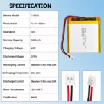 THOR 115252 3.7V 5000mAh lithium polymer battery specifications with dimensions and connector details