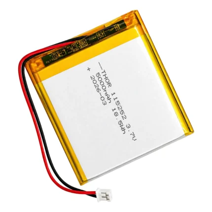 THOR 115252 3.7V 5000mAh lithium polymer battery with PCM protection, red and black lead wires, and 2-pin connector