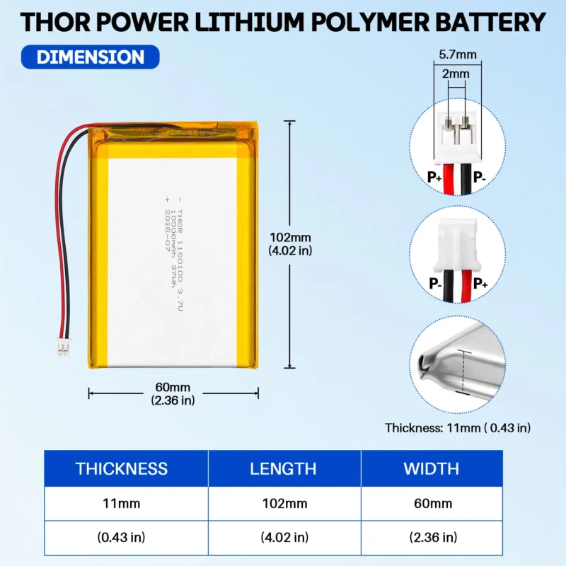 THOR 1160100 3.7V 10000mAh LiPo battery dimension drawing showing T×W×L = 11 × 60 × 102 mm (with PCM) and 2-pin connector polarity