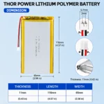 THOR 1165114 3.7V 10000mAh LiPo battery dimension drawing showing T×W×L = 11 × 65 × 116 mm (with PCM) and 2-pin connector polarity