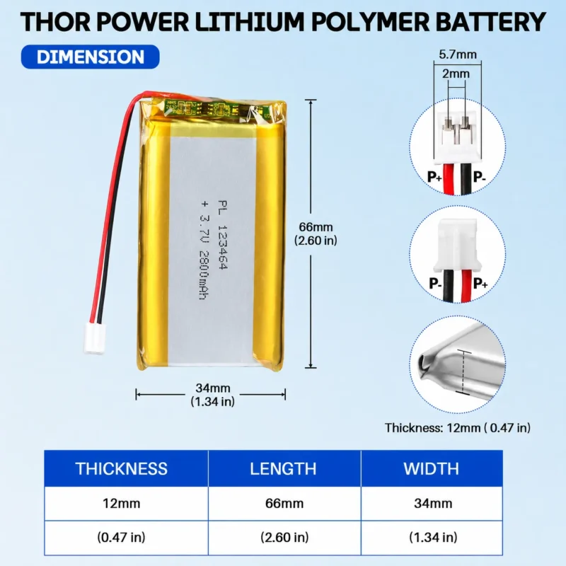 THOR 123464 3.7V 2800mAh LiPo battery dimension drawing showing T×W×L = 12 × 34 × 66 mm (with PCM) and 2-pin connector polarity