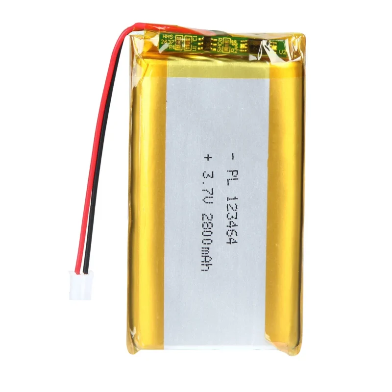 THOR 123464 3.7V 2800mAh lithium polymer battery with PCM protection, red and black lead wires, and 2-pin connector