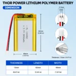 THOR 124060 3.7V 3600mAh LiPo battery dimension drawing showing T×W×L = 12 × 40 × 62 mm (with PCM) and 2-pin connector polarity