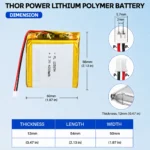 THOR 125054 3.7V 4200mAh LiPo battery dimension drawing showing T×W×L = 12 × 50 × 56 mm (with PCM) and 2-pin connector polarity