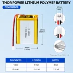 THOR 134049 3.7V 2800mAh LiPo battery dimension drawing showing T×W×L = 13 × 40 × 51 mm (with PCM) and 2-pin connector polarity