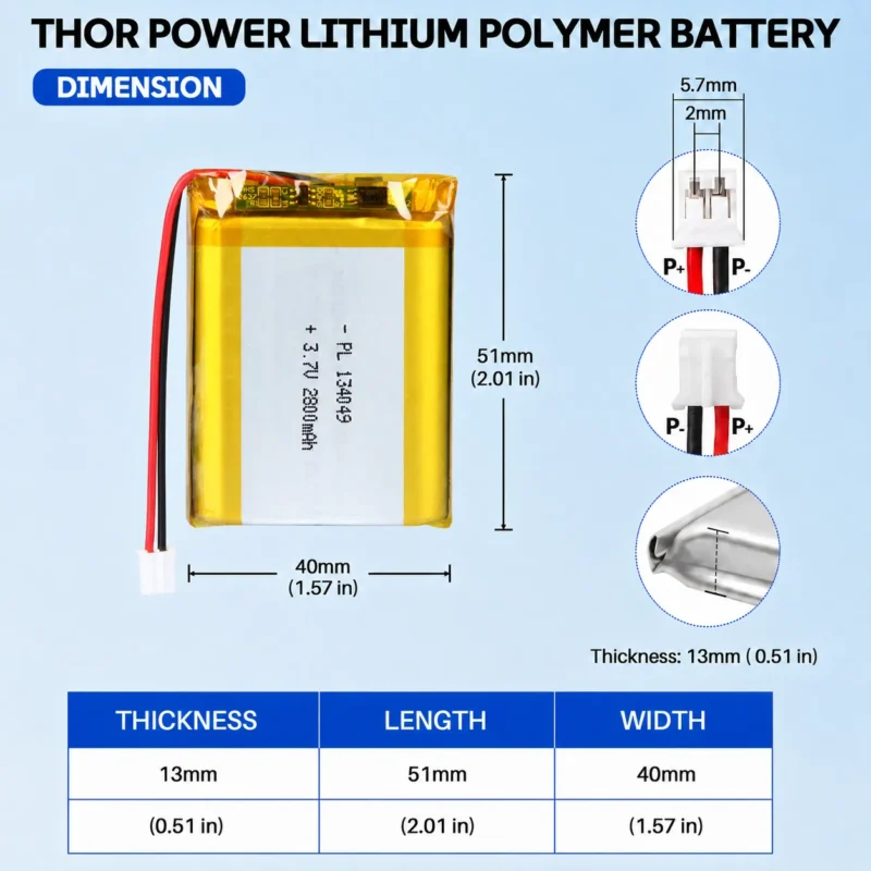 THOR 134049 3.7V 2800mAh LiPo battery dimension drawing showing T×W×L = 13 × 40 × 51 mm (with PCM) and 2-pin connector polarity