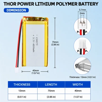 THOR 134073 3.7V 4500mAh LiPo battery dimension drawing showing T×W×L = 13 × 40 × 75 mm (with PCM) and 2-pin connector polarity
