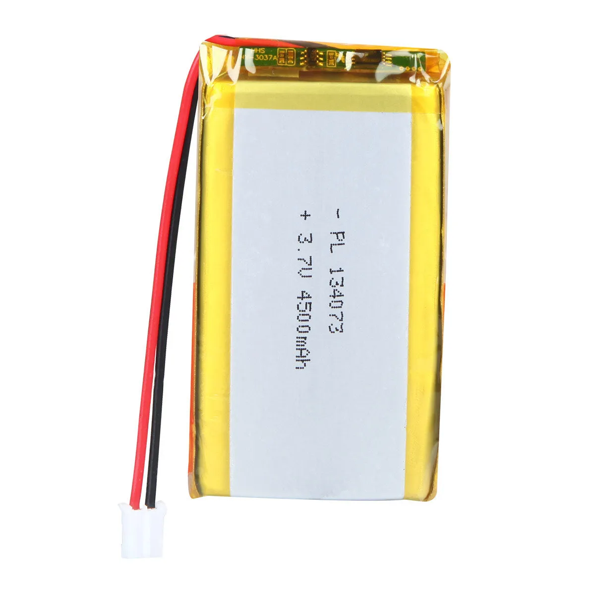 thor-134073-lithium-polymer-battery THOR 134073 3.7V 4500mAh lithium polymer battery with PCM protection, red and black lead wires, and 2-pin connector