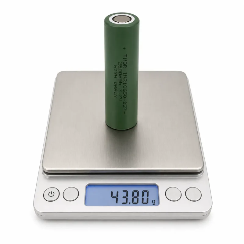 THOR 3.7V 2500mAh high-drain 18650 NMC battery cell on a digital scale showing 43.80 g