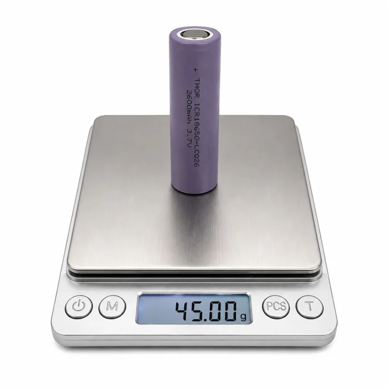 THOR 3.7V 2600mAh 18650 LCO lithium-ion battery cell on a digital scale showing 45.00 g