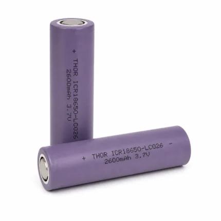 Two THOR 18650-LCO26 3.7V 2600mAh LCO lithium-ion cells with purple sleeves
