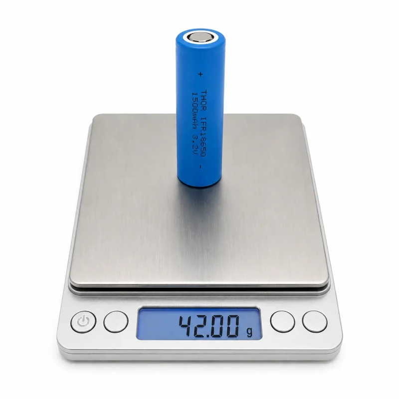 THOR 3.2V 1500mAh 18650 LiFePO4 battery cell on a digital scale showing 42.00 g