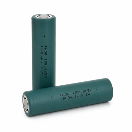 Two THOR 18650-LFP18 3.2V 1800mAh LiFePO4 cells with teal heat-shrink sleeves