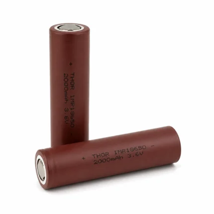 Two THOR 18650-LMO20 3.6V 2000mAh LMO lithium-ion cells with red heat-shrink sleeves