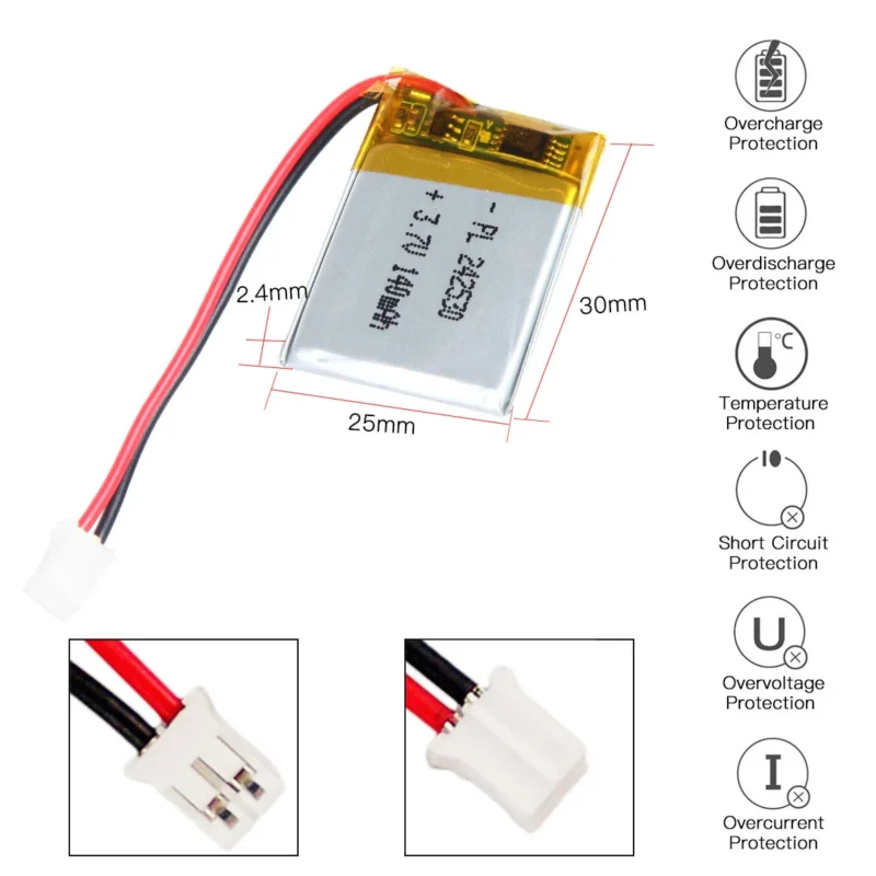 THOR 242530 3.7V 140mAh LiPo battery dimension drawing showing T×W×L = 24 × 25 × 32 mm (with PCM) and 2-pin connector polarity