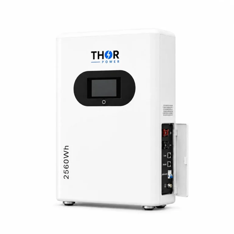 THOR 2560Wh wall-mounted LiFePO4 home energy storage battery with DC terminals and CAN/RS485 communication ports