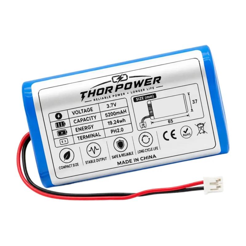 THOR 3.7V 5200mAh 1S2P 18650 battery pack with PCM and PH2.0 connector