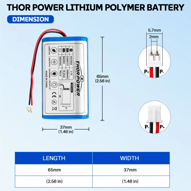 THOR 3.7V 5200mAh 1S2P 18650 battery pack dimensions with PH2.0 connector