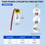 THOR 301020 3.7V 40mAh LiPo battery dimension drawing showing T×W×L = 3 × 10 × 22 mm (with PCM) and 2-pin connector polarity