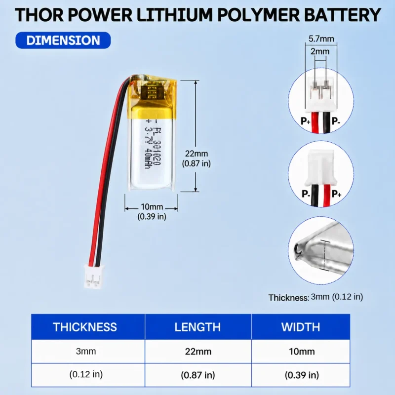 THOR 301020 3.7V 40mAh LiPo battery dimension drawing showing T×W×L = 3 × 10 × 22 mm (with PCM) and 2-pin connector polarity